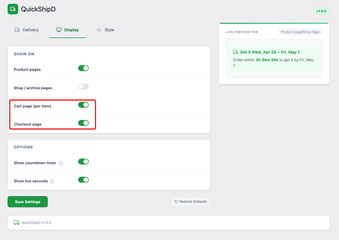 delivery date shown in cart and checkout
