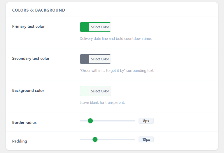 QuickShipD color customization settings for the delivery date display