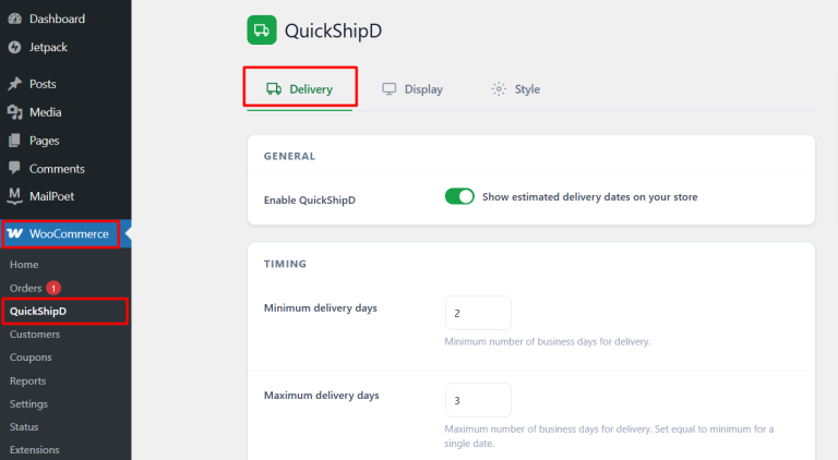 QuickShipD delivery settings tab with delivery date configuration options