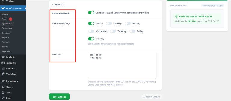Holiday and non-delivery day settings in QuickShipD