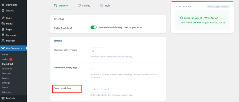 Order cutoff time setting for same-day dispatch