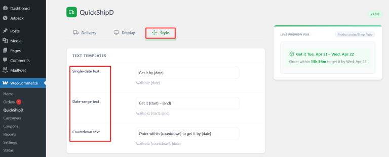 QuickShipD text template settings for delivery date messaging