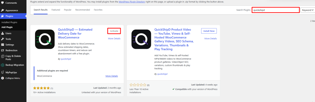 Installing the QuickShipD plugin from the WordPress plugin directory