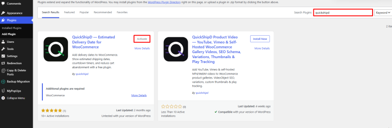 Installing the QuickShipD plugin from the WordPress plugin directory